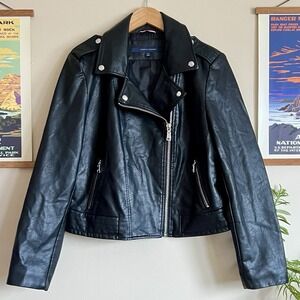 Tommy Hilfiger Women's Faux Leather Moto Jacket Large EUC Spring Summer Black